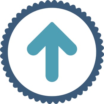 Arrow Up round stamp icon. This flat vector symbol is drawn with cyan and blue colors on a white background.