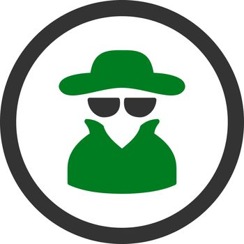 Spy vector icon. This rounded flat symbol is drawn with green and gray colors on a white background.