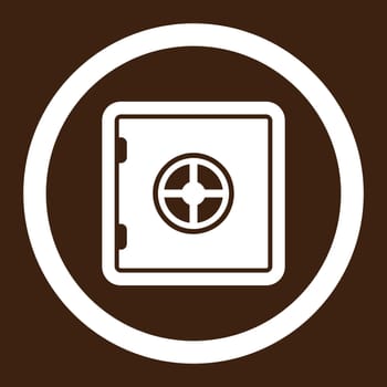 Safe vector icon. This flat rounded symbol uses white color and isolated on a brown background.