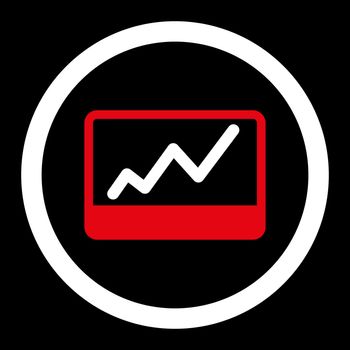 Stock Market vector icon. This flat rounded symbol uses red and white colors and isolated on a black background.