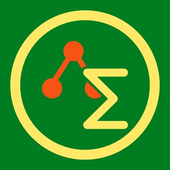 Analysis vector icon. This flat rounded symbol uses orange and yellow colors and isolated on a green background.