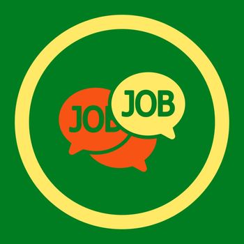 Labor Market vector icon. This flat rounded symbol uses orange and yellow colors and isolated on a green background.