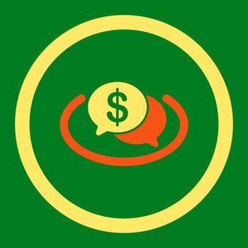 Financial Network vector icon. This flat rounded symbol uses orange and yellow colors and isolated on a green background.