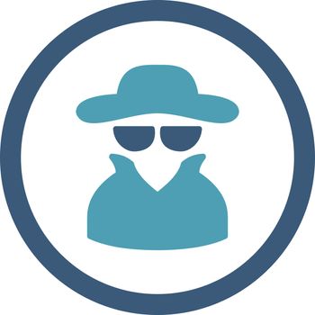 Spy vector icon. This rounded flat symbol is drawn with cyan and blue colors on a white background.