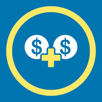 Sum vector icon. This flat rounded symbol uses yellow and white colors and isolated on a blue background.
