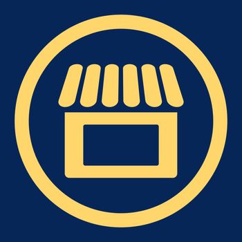 Shop vector icon. This flat rounded symbol uses yellow color and isolated on a blue background.