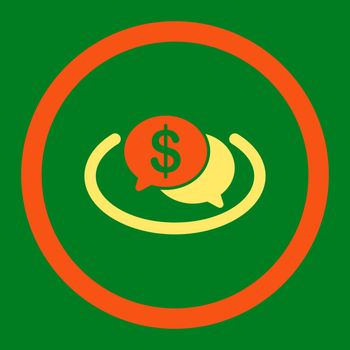 Financial Network vector icon. This flat rounded symbol uses orange and yellow colors and isolated on a green background.