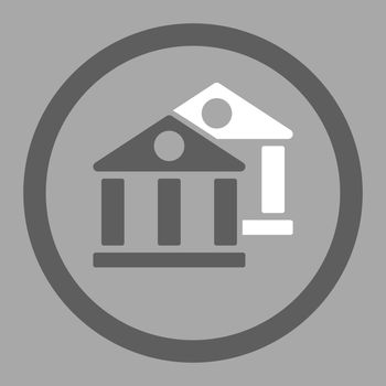 Banks vector icon. This flat rounded symbol uses dark gray and white colors and isolated on a silver background.