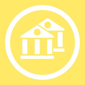 Banks vector icon. This flat rounded symbol uses white color and isolated on a yellow background.