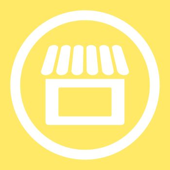 Shop vector icon. This flat rounded symbol uses white color and isolated on a yellow background.