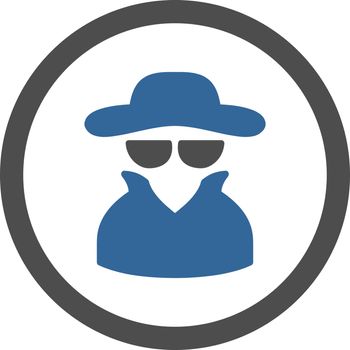 Spy vector icon. This rounded flat symbol is drawn with cobalt and gray colors on a white background.