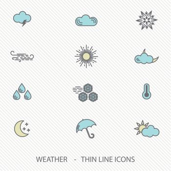 Set of Thin Line Weather Icons. Vector Illustration. Sun, cloud, rain, wind, umbrella, star icons for web and mobile design