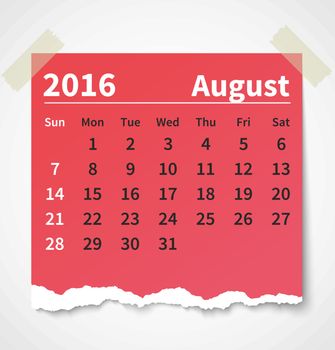 Calendar august 2016 colorful torn paper. Vector illustration