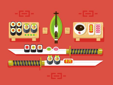 Japanese cuisine. Food traditional, sushi roll and seafood, ingredient nutrition, vector illustration