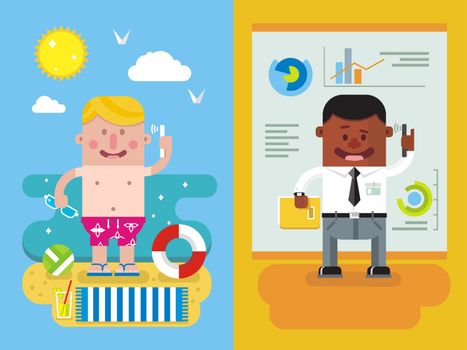 Calling from vacation to work. Man and phone, worker person, communication businessman from vocation. Flat vector illustration