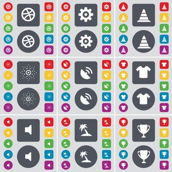 Ball, Gear, Cone, Star, Satellite dish, T-Shirt, Sound, Palm, Cup icon symbol. A large set of flat, colored buttons for your design. Vector illustration