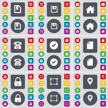 File, Floppy, House, Retro phone, Tick, File, Lock, Frame, Checkpoint icon symbol. A large set of flat, colored buttons for your design. Vector illustration