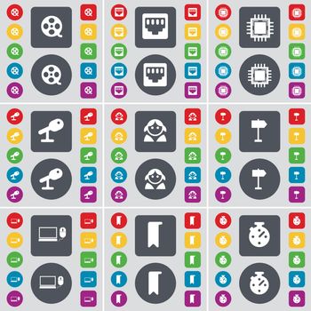 Videotape, LAN socket, Processor, Microphone, Avatar, Signpost, Laptop, Marker, Stopwatch icon symbol. A large set of flat, colored buttons for your design. Vector illustration