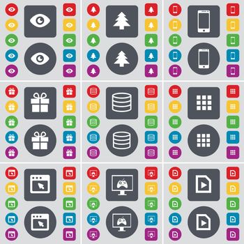 Vision, Firtree, Smartphone, Gift, Database, Apps, Window, Monitor, Media file icon symbol. A large set of flat, colored buttons for your design. Vector illustration