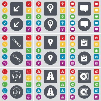 Deploying screen, Checkpoint, Chat bubble, Link, Survey, Headphones, Road, Gramophone icon symbol. A large set of flat, colored buttons for your design. Vector illustration