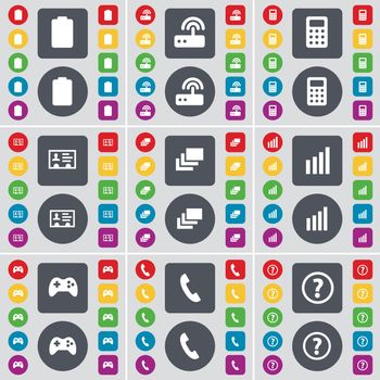 Battery, Router, Calculator, Contact, Gallery, Diagram, Gamepad, Receiver, Question mark icon symbol. A large set of flat, colored buttons for your design. Vector illustration