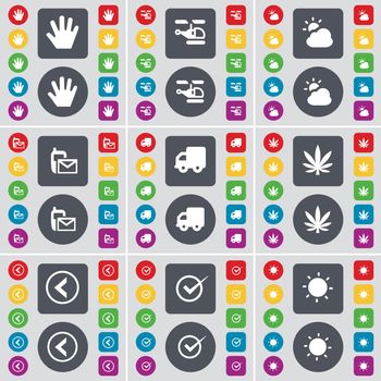 Hand, Helicopter, Cloud, SMS, Truck, Marijuana, Arrow left, Tick, Light icon symbol. A large set of flat, colored buttons for your design. Vector illustration