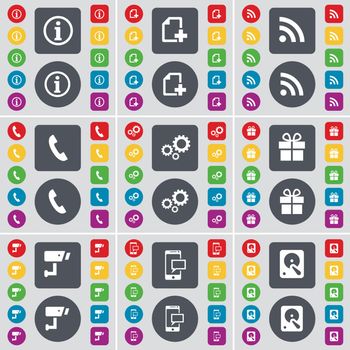 Information, File, Wi-Fi, Receiver, Gear, Gift, CCTV, SMS, Hard drive icon symbol. A large set of flat, colored buttons for your design. Vector illustration