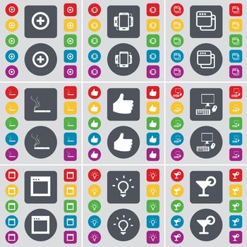 Plus, Smartphone, Window, Cigarette, Like, PC, Window, Light bulb, Cocktail icon symbol. A large set of flat, colored buttons for your design. Vector illustration