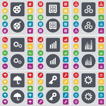 Videotape, Bed-table, Gear, Diagram, Graph, Umbrella, Key icon symbol. A large set of flat, colored buttons for your design. Vector illustration