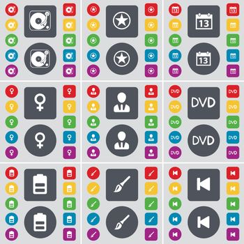 Gramophone, Star, Calendar, Venus symbol, Avatar, DVD, Battery, Brush,  Media skip icon symbol. A large set of flat, colored buttons for your design. Vector illustration