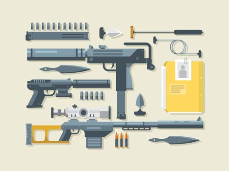 Set weapons. Military and war, ramrod and gun, silencer and sniper rifle, flat vector illustration