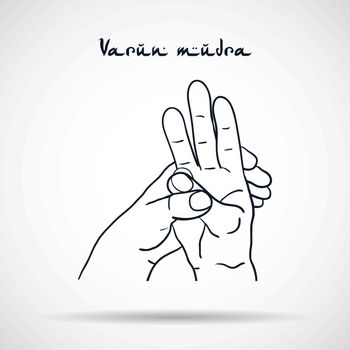 Element yoga Varun mudra hands with mehendi patterns. Vector illustration for a yoga studio, tattoo, spa, postcards, souvenirs. 