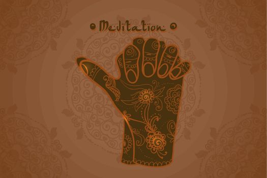 Element yoga Turtle mudra hands with mehendi patterns. Vector illustration for a yoga studio, tattoo, spa, postcards, souvenirs. 