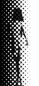 A half tone image with white dots set against a black background over a nude figure