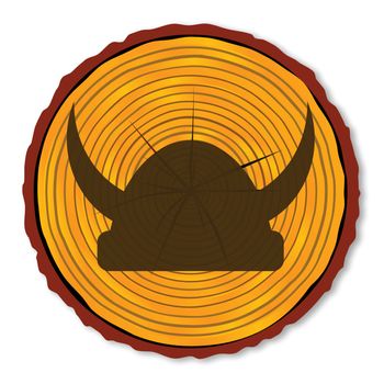 A timber end section over a white background with the silhouette og a Viking helmet