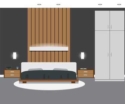 Bedroom interior in grey colors. Vector illustration