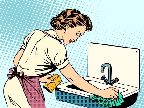 woman cleans kitchen sink cleanliness housewife housework comfort retro style pop art