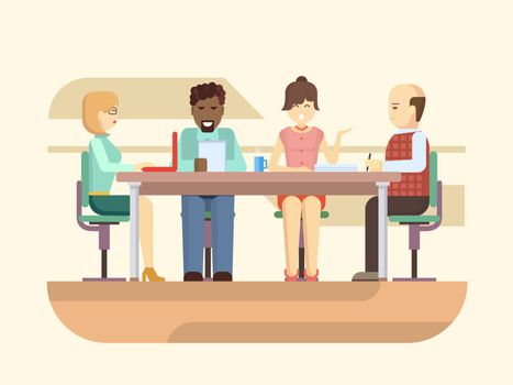 Business briefing. Meeting and corporate office work, team businesspeople, partner and employee, mentor woman. Flat vector illustration