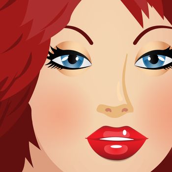 Portrait of a young cute woman vector illustration. Red hair, red lips, blue eyes.  Beautiful girl character cartoon illustration. Attractive face. Make up shades. Warm tones. Make up artist template.