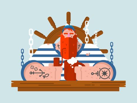 Character sailor. Person marine man and steering wheel wooden, nautical human with beard, flat vector illustration