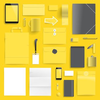 Corporate identity template on yellow background. Use layer "Print" in vector file to recolor objects. Eps-10 with transparency.