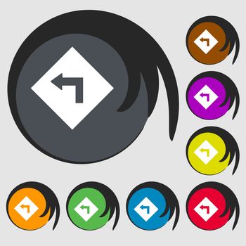 Road sign warning of dangerous left curve icon sign. Symbols on eight colored buttons. Vector illustration