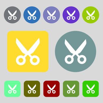 Scissors hairdresser sign icon. Tailor symbol.12 colored buttons. Flat design. Vector illustration