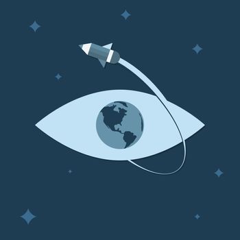 Elearning concept. On-line learning or schooling. Pencil-rocket flying around eye-globe. Vector illustration. For web design and applications. Trendy flat design style