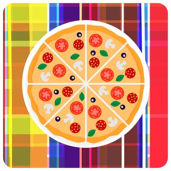 Tasty italian pizza with tomato, sausage or salami, olive and mushrooms on the plaid. Vector clip art illustration. Design element.