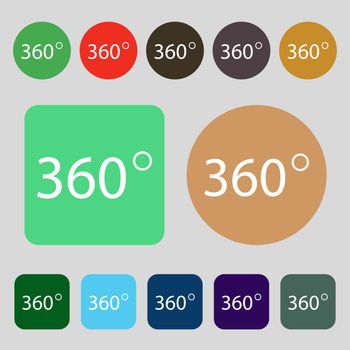 Angle 360 degrees sign icon. Geometry math symbol. Full rotation.12 colored buttons. Flat design. Vector illustration
