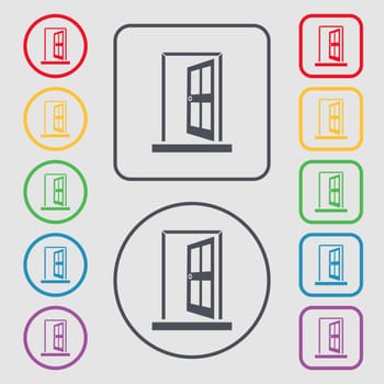 Door, Enter or exit icon sign. Symbols on the Round and square buttons with frame. Vector illustration