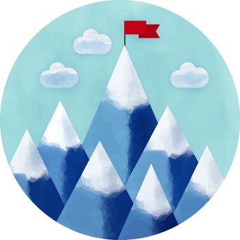 Watercolor vector illustration of success and victory. High mountain, ribbon, clouds, red  flag on the mountain peak, winning strategy. Achieving the goal, winning strategy with focus on results.