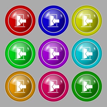 Door, Enter or exit icon sign. Symbol on nine round colourful buttons. Vector illustration