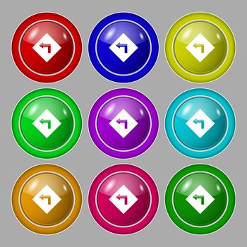 Road sign warning of dangerous left curve icon sign. Symbol on nine round colourful buttons. Vector illustration